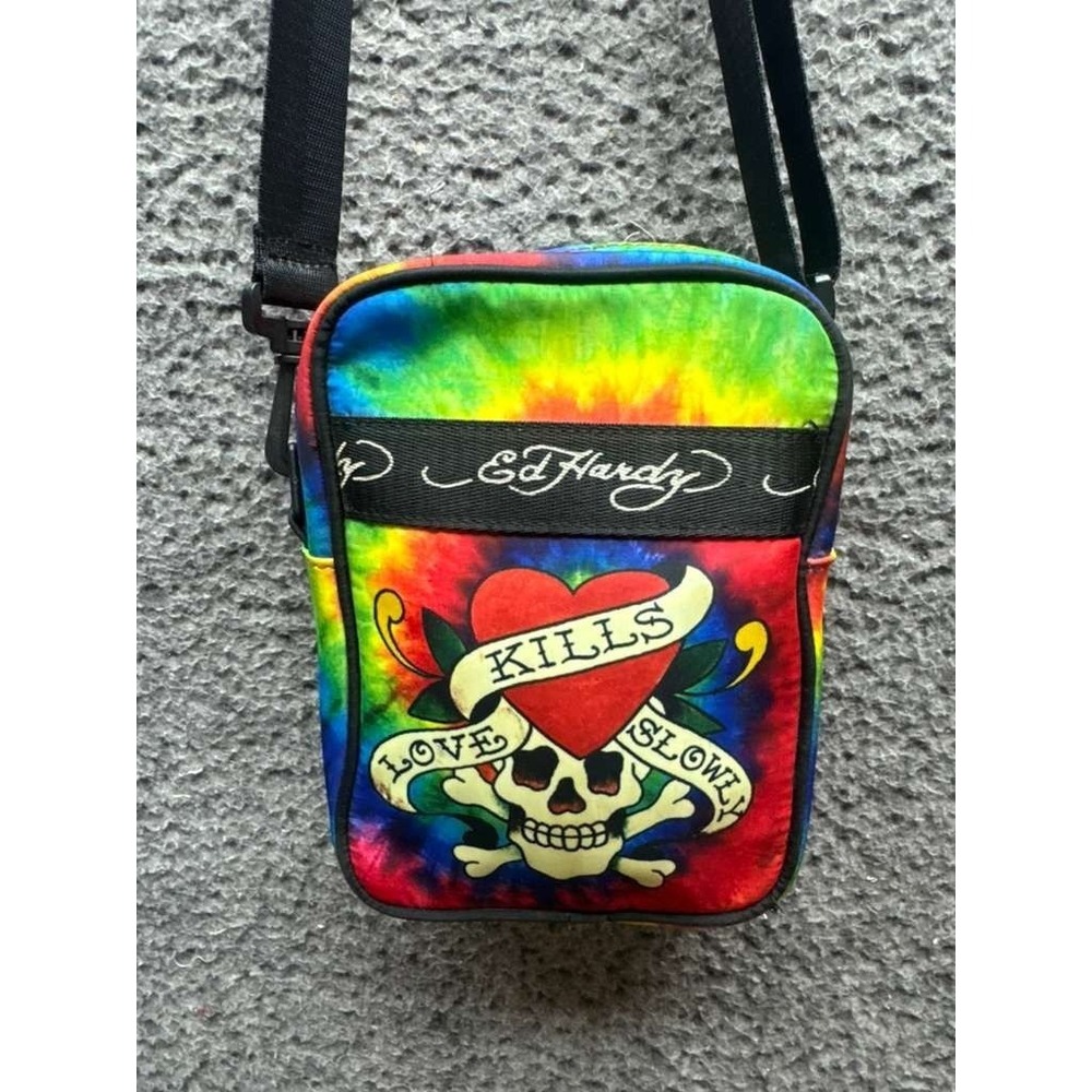 Ed Hardy Skull Love Kills‎ Slowly Rainbow Nylon Messenger Crossbody Bag Unisex
